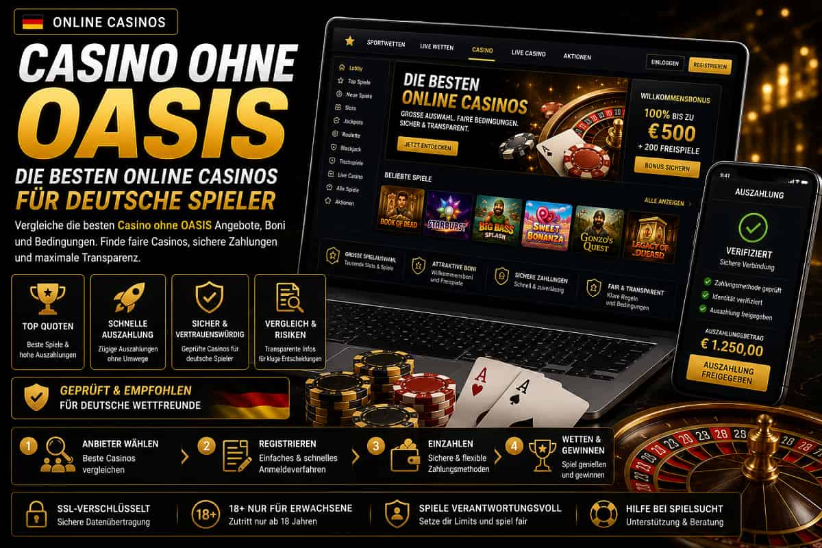 Casino ohne OASIS Hero-Banner mit Laptop, Smartphone, Roulette, Pokerchips und deutschen Sicherheits- und Vergleichshinweisen.